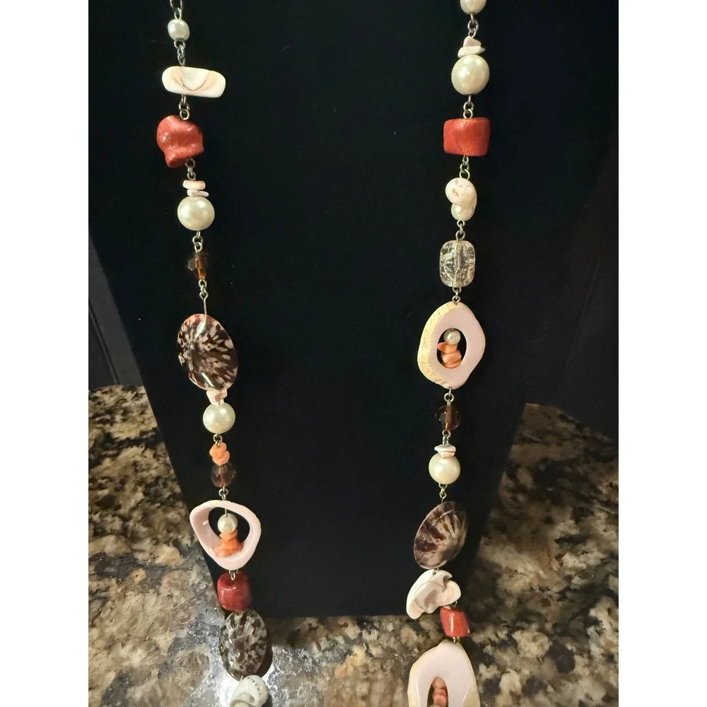 Chicos Womens Necklace Pink Shell Faux Pearl Coral Beaded Long Station Statement